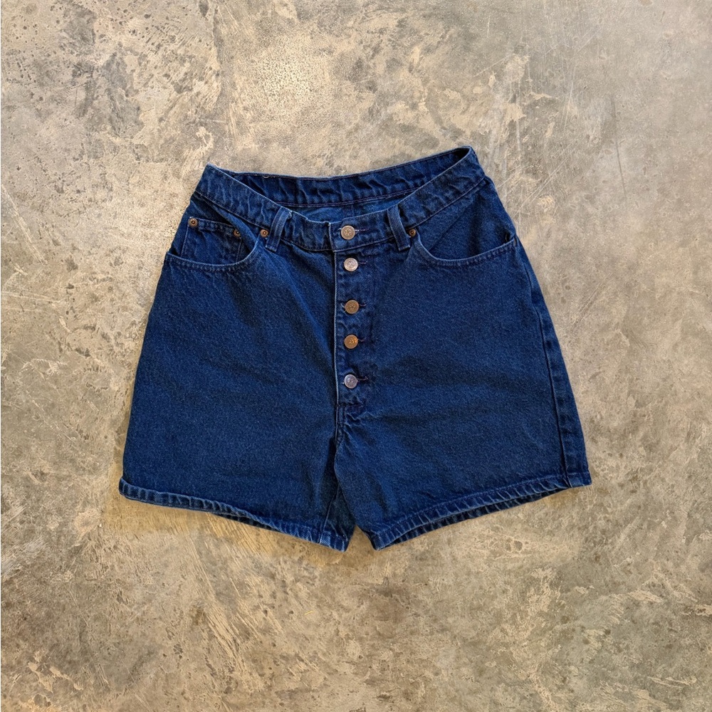 Paris Sport Club 90s High-Waist Button Fly Denim Shorts - Dark Blue